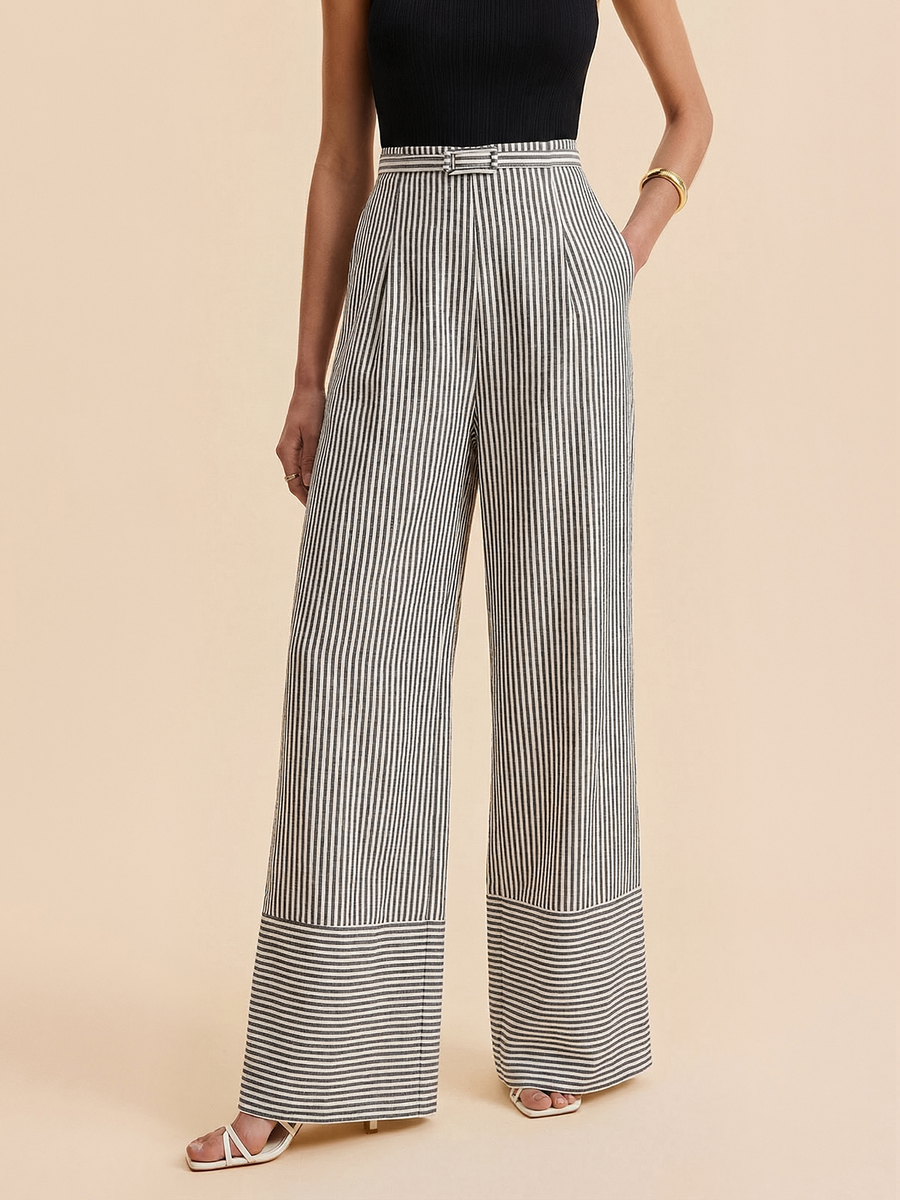Belted Striped Wide-Leg Pants
