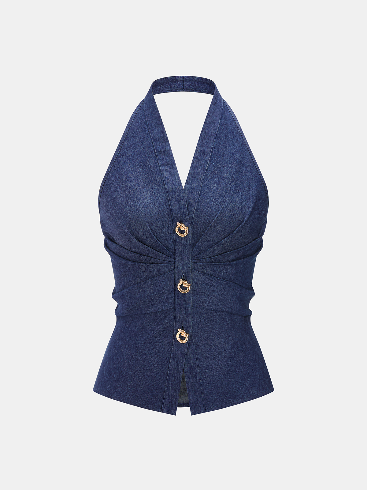 Metal Button Denim Halter Ruched Top