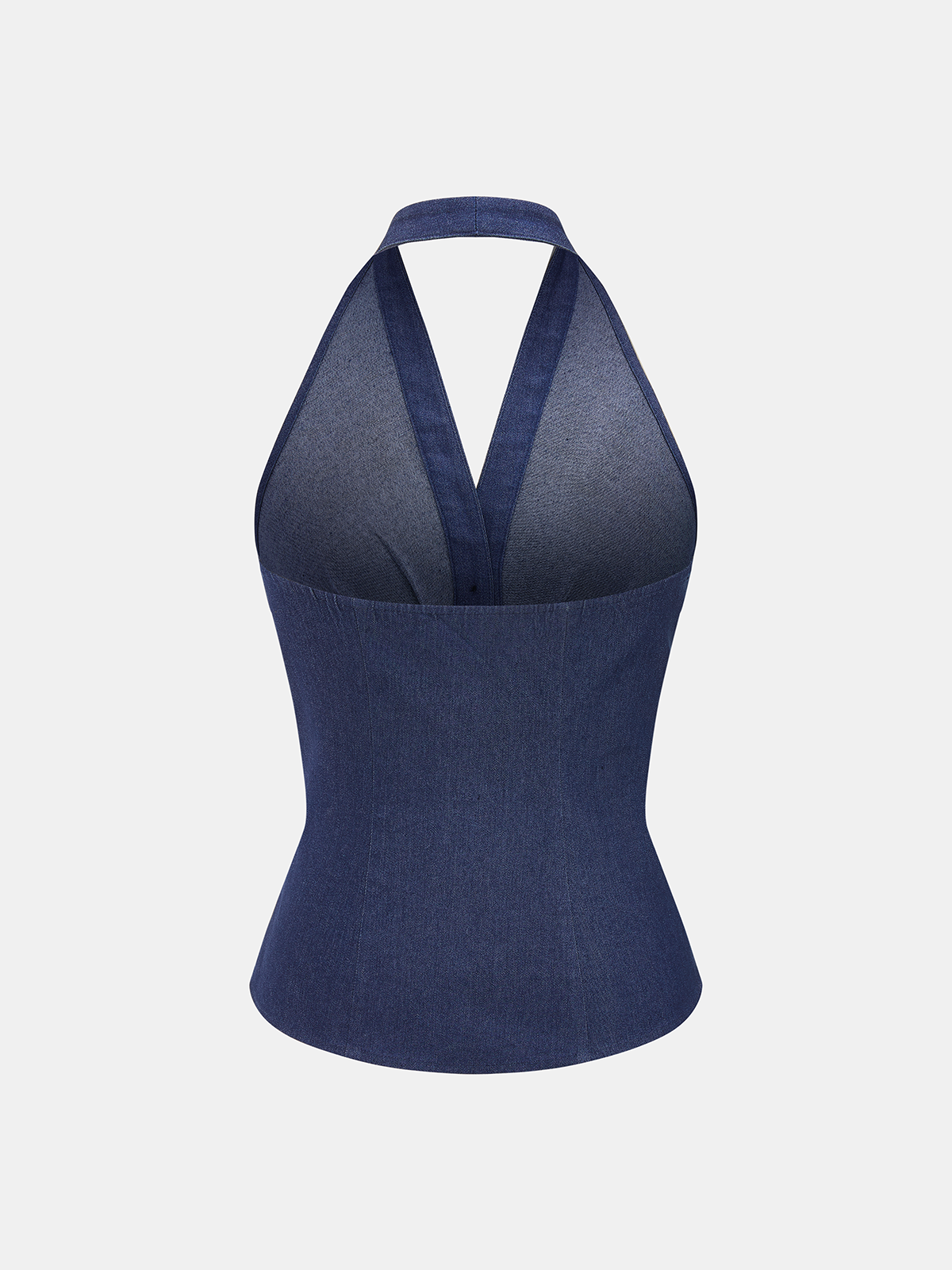 Metal Button Denim Halter Ruched Top