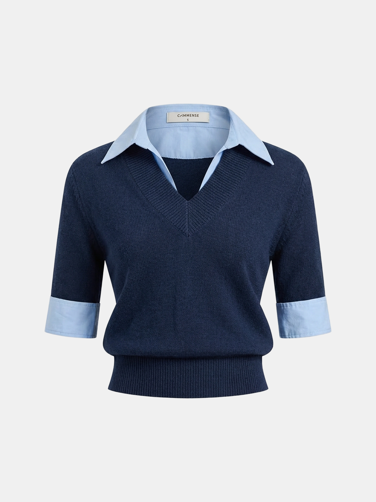 Contrast Collar Elbow Sleeve Knit Top