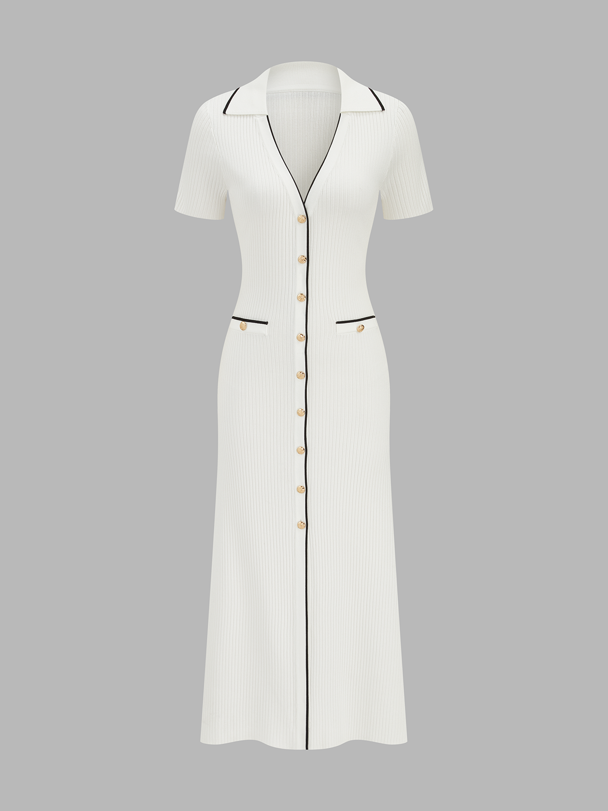 Contrast Trim Button Front Knit Maxi Dress