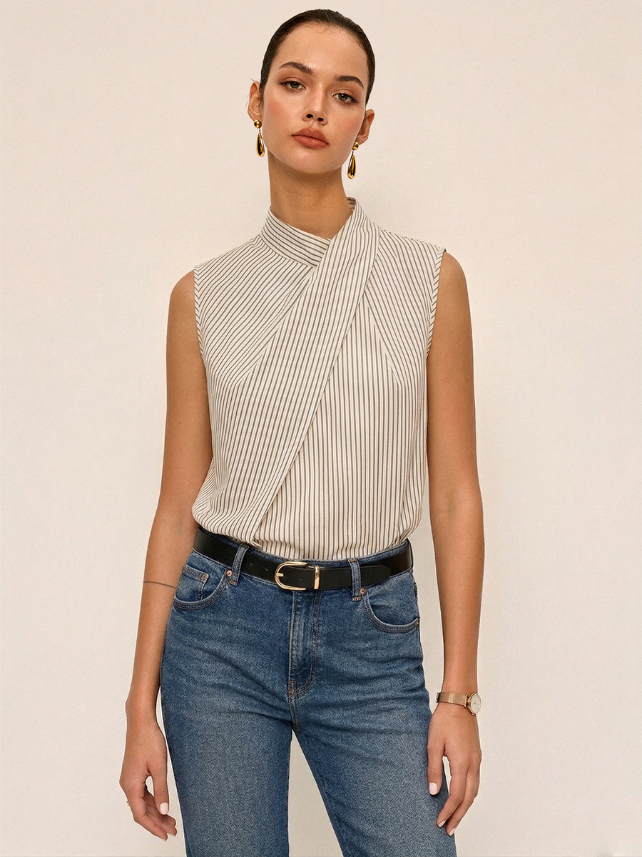 Sleeveless Striped High Neck Blouse