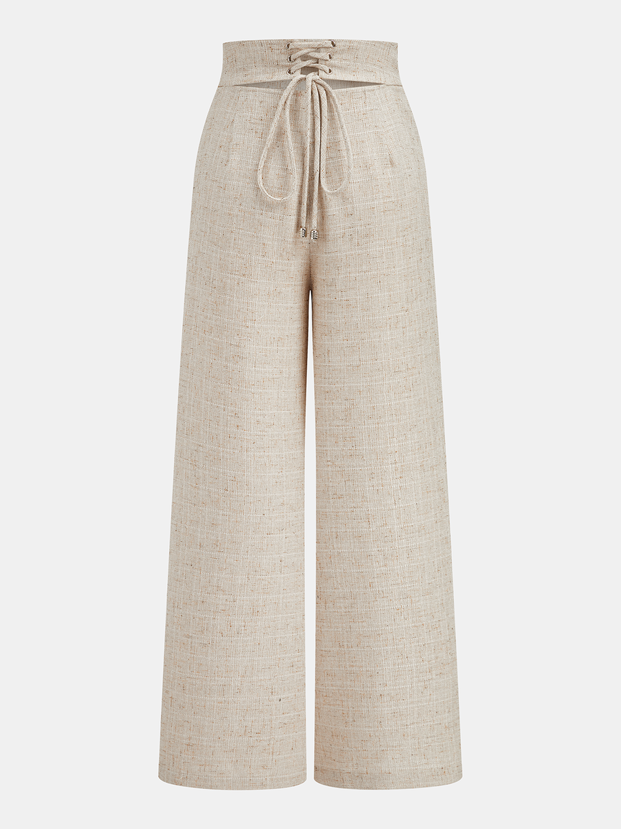 Textured Overlap Lace-Up Waist Wide Leg Pants