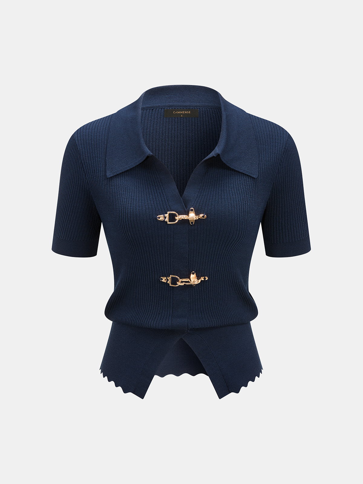 Short Sleeve Collared Buckle Rib Knit Top