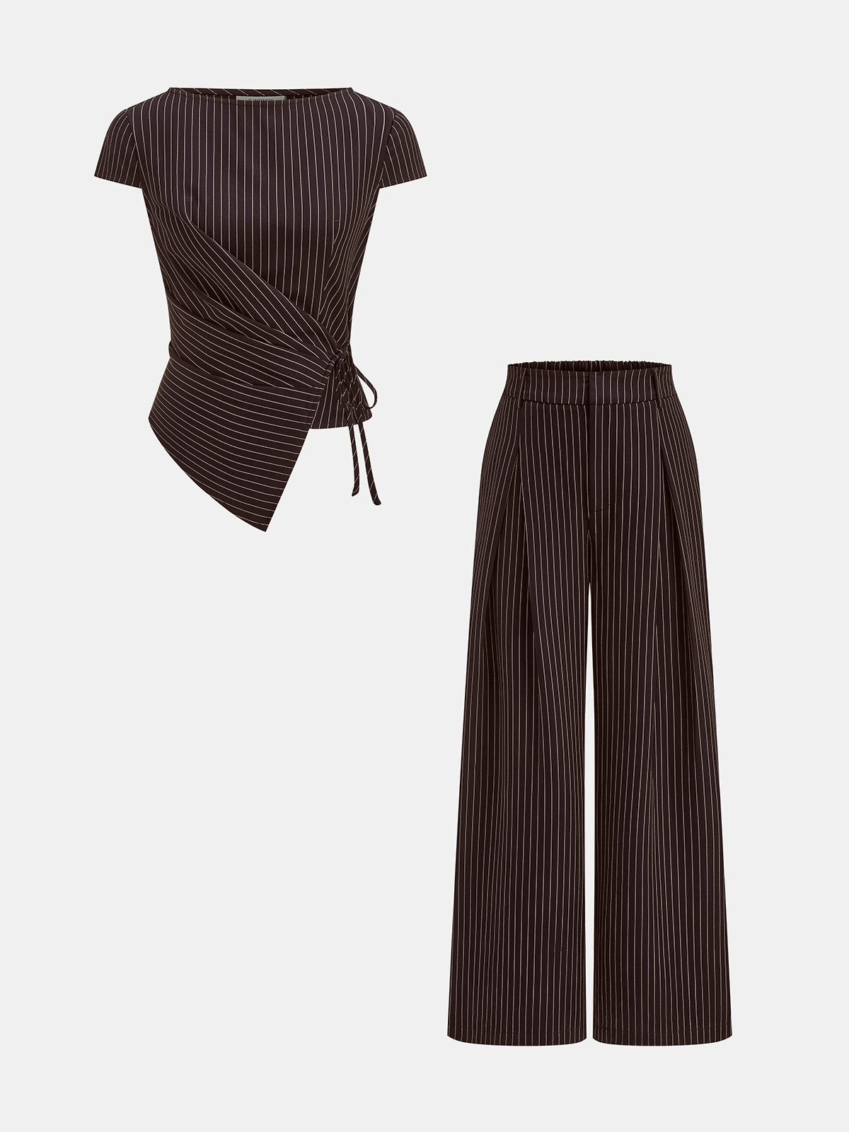 Pinstripe Wrap Tie Top & Wide-Leg Pants Set