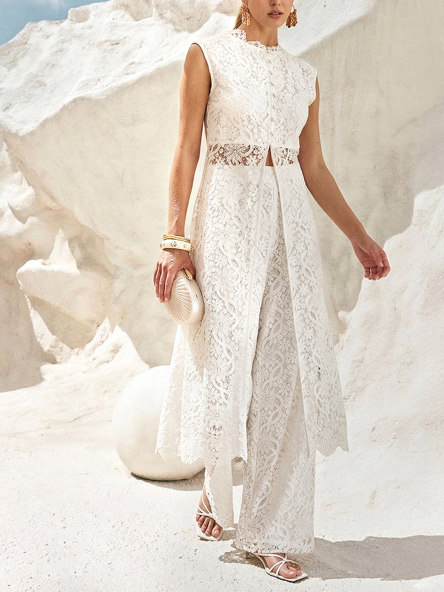 Lace Mid-Waist Wide-Leg Pants