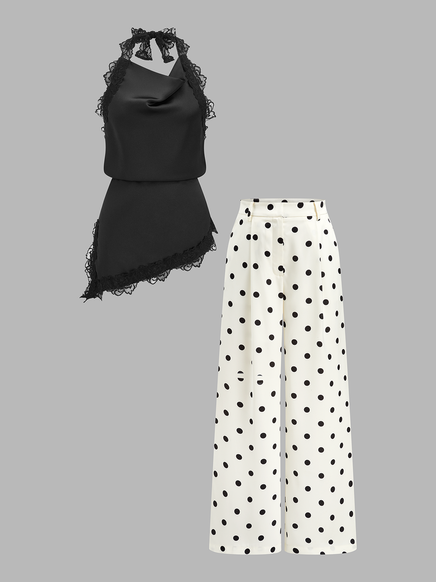 Lace Halter Top & Polka Dot Pants Set