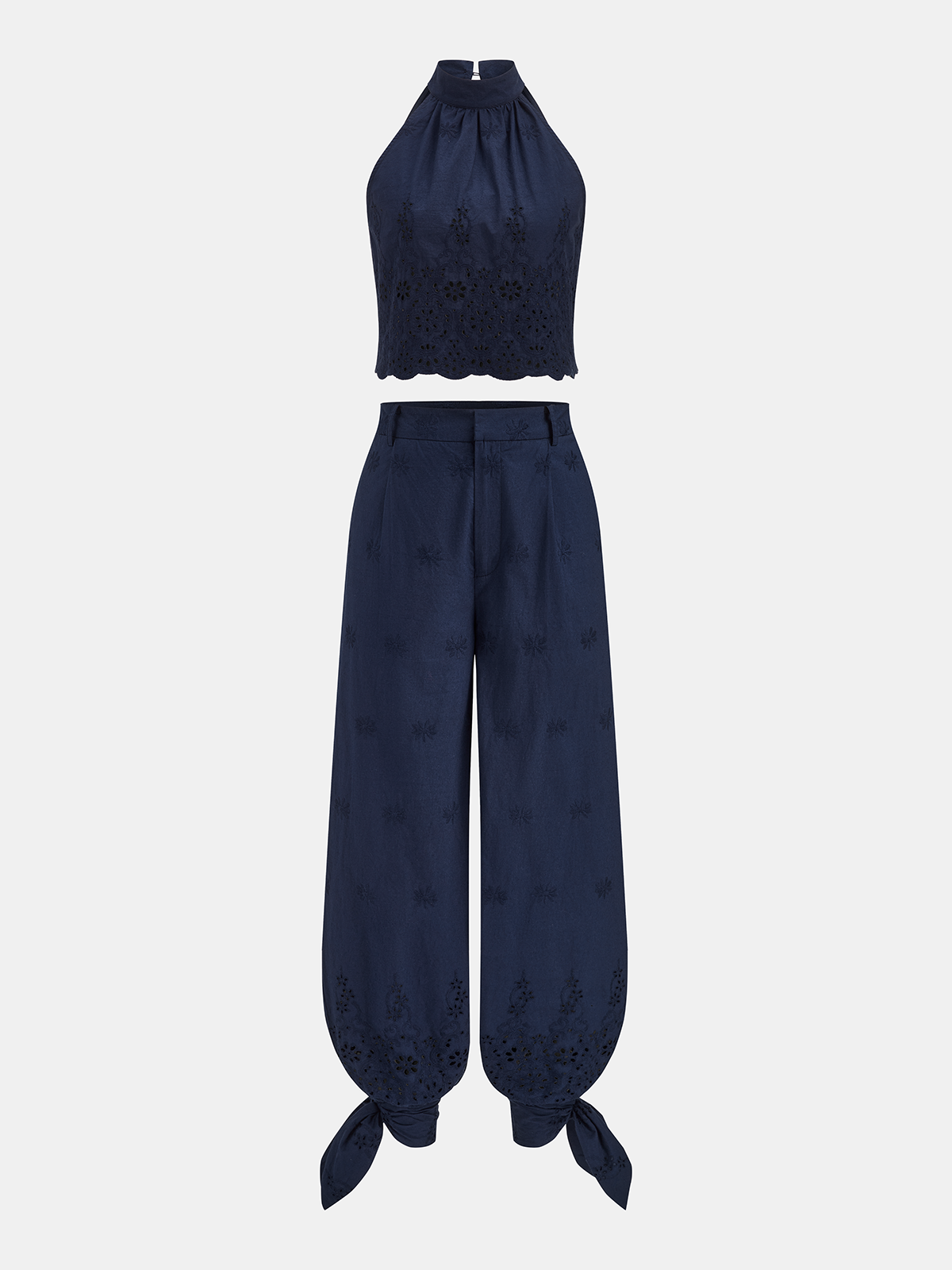 Eyelet Embroidery Top & Tie-Cuff Pants Set