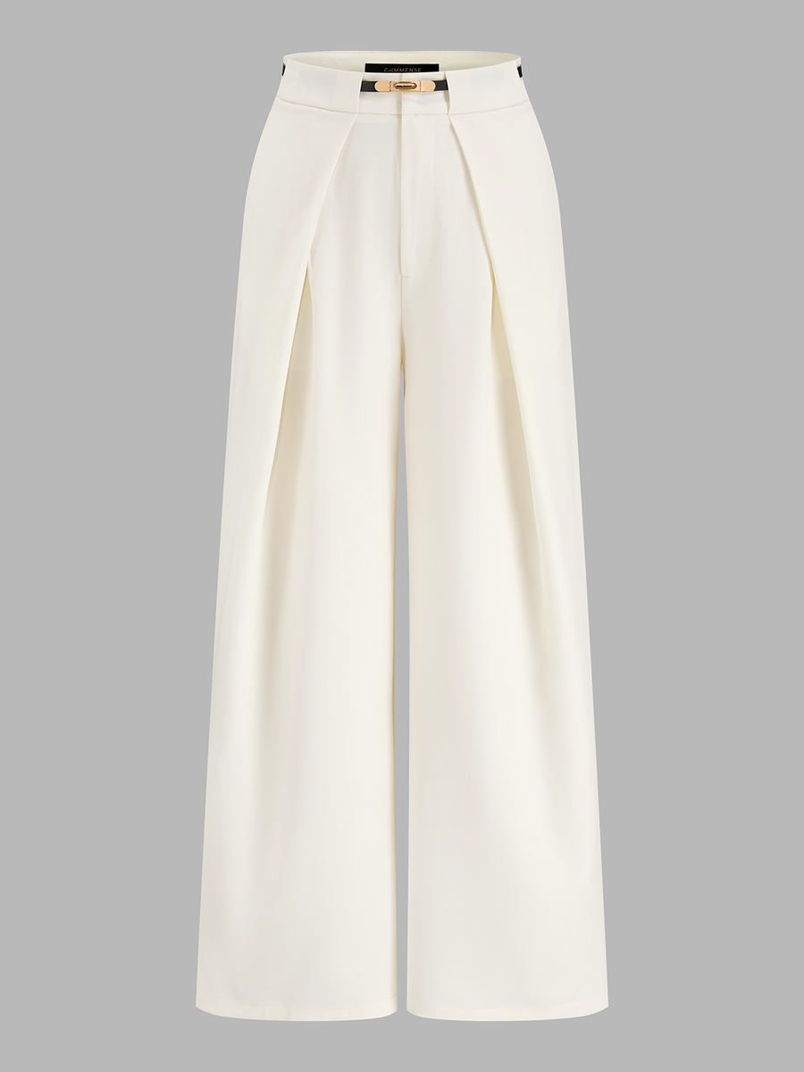 Mid Waist Belted Pleated Wide Leg Pants