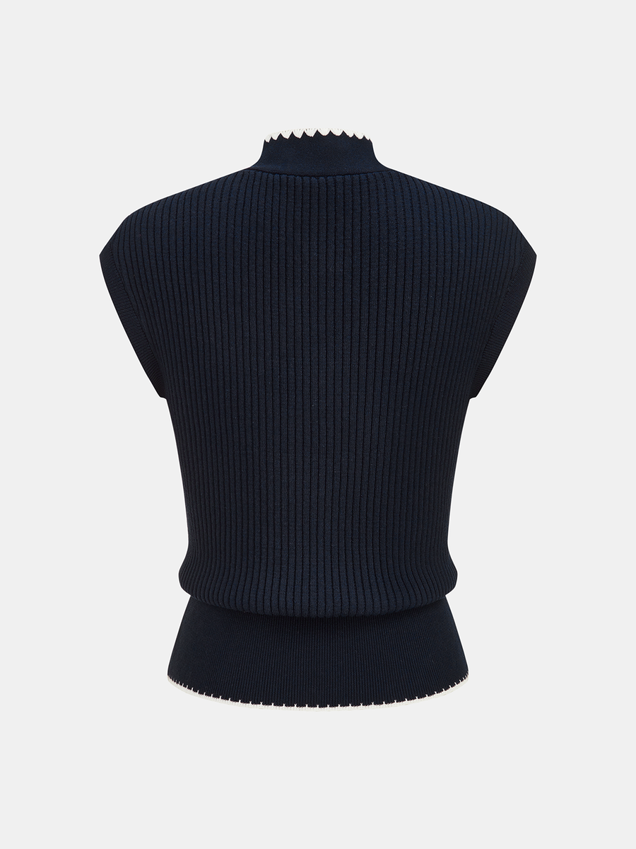 Scallop Trim Tie Neck Sleeveless Knit Top