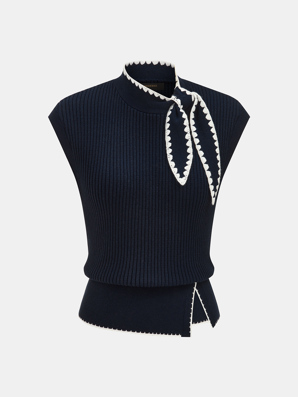 Scallop Trim Tie Neck Sleeveless Knit Top