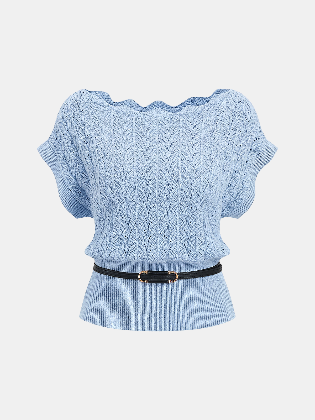 Scalloped Neck Belted Knit Top