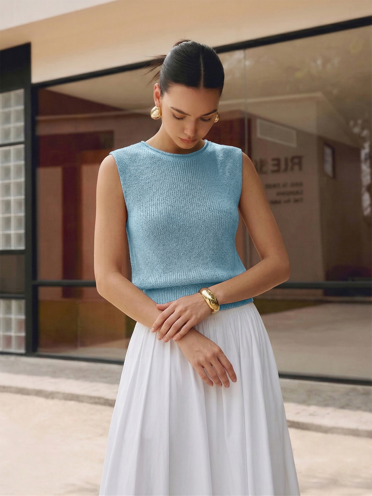Bloused Waist Sleeveless Knit Top