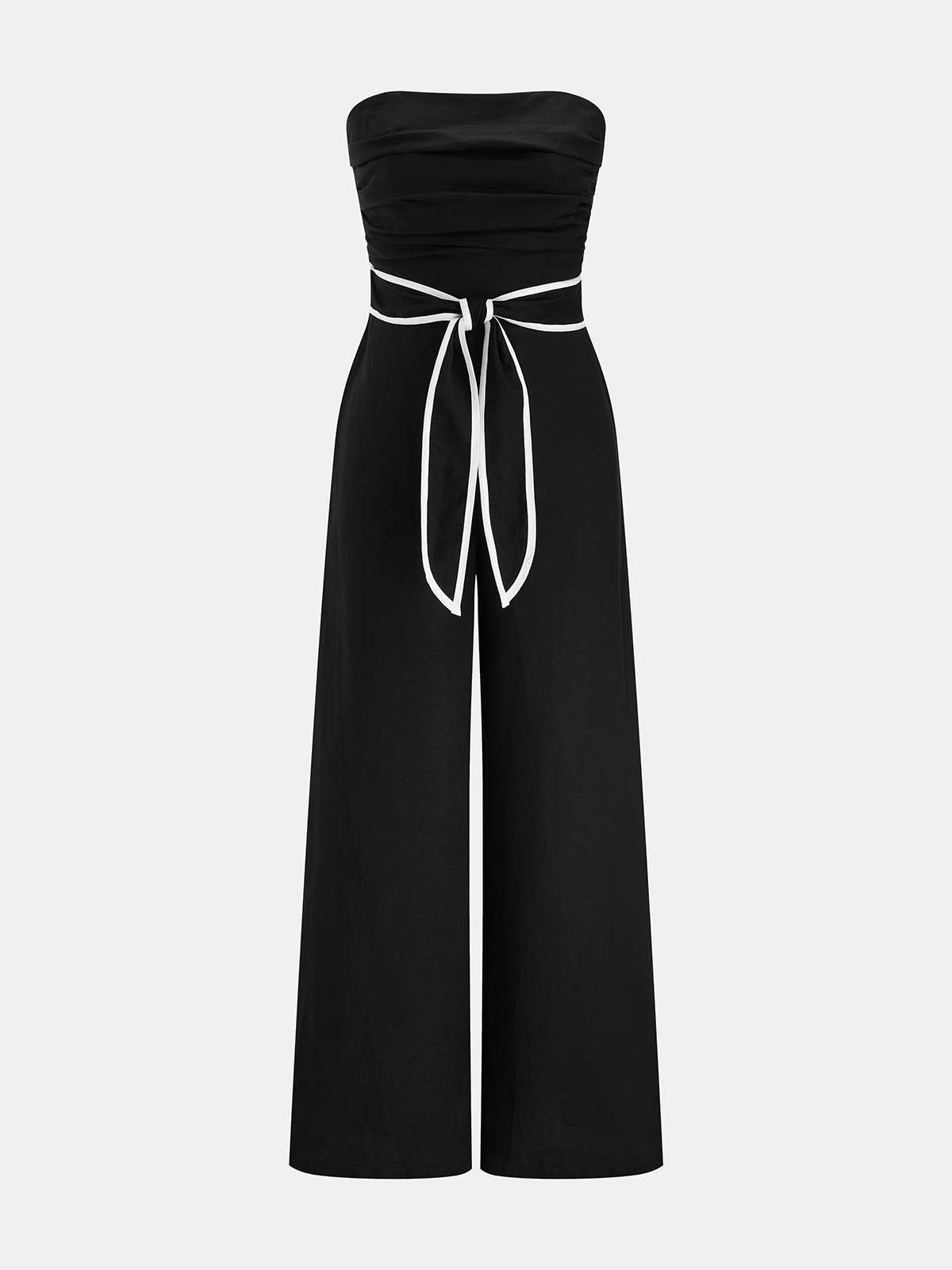 Linen-Blend Strapless Tie-Waist Wide Leg Jumpsuit