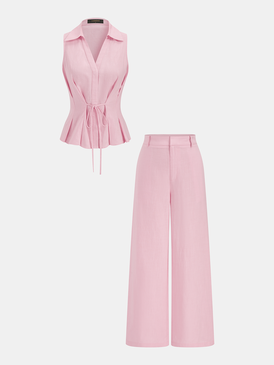 Linen-Blend Sleeveless Shirt & Pants Set