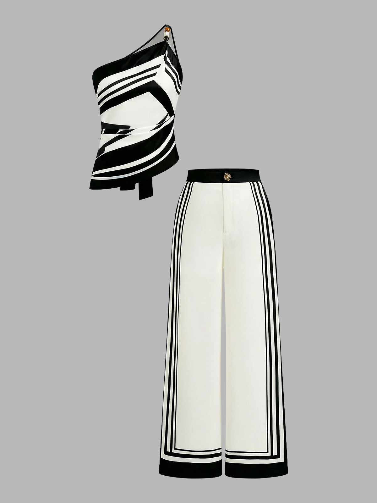 Printed One Shoulder Satin Top & Pants Set