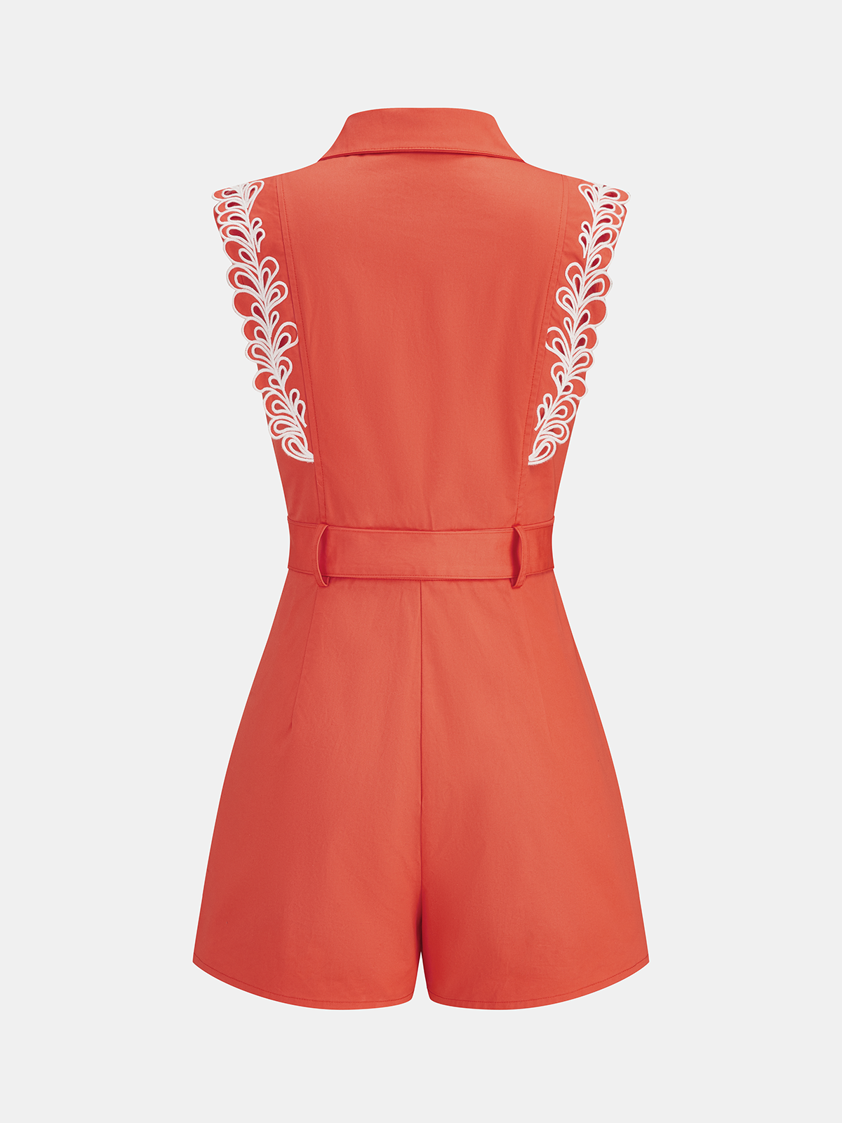 Embroidered Trim Belted Sleeveless Romper