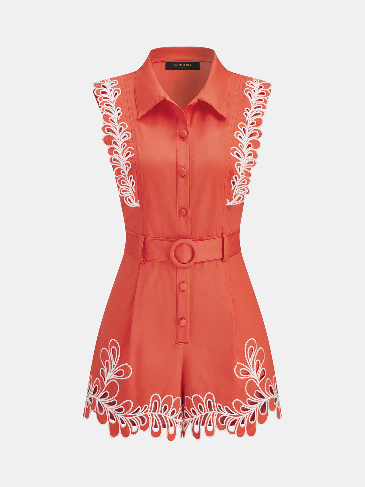 Embroidered Trim Belted Sleeveless Romper