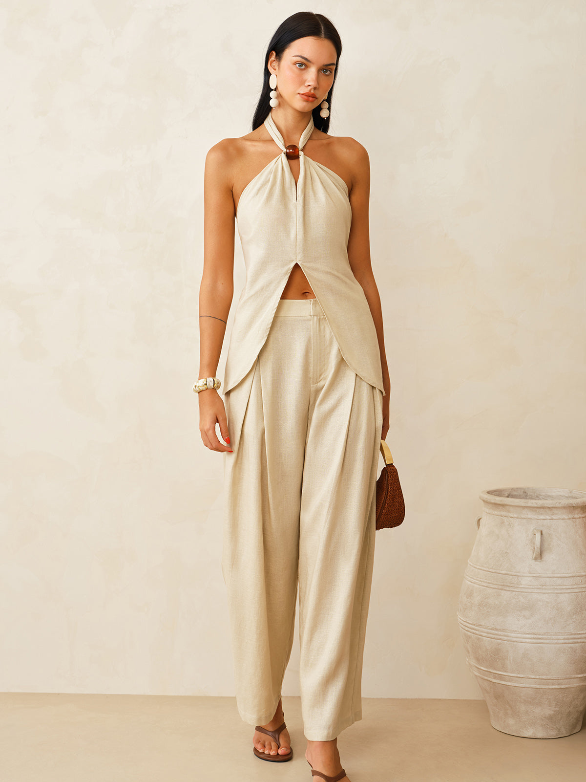 Linen-Blend Halter Top & Pants Set