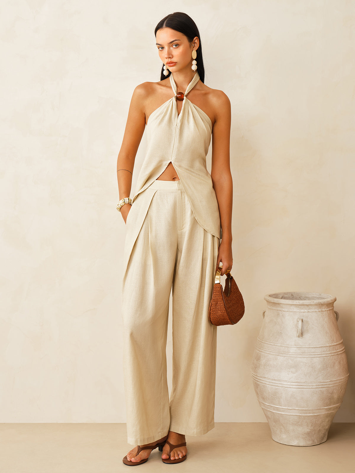 Linen-Blend Halter Top & Pants Set