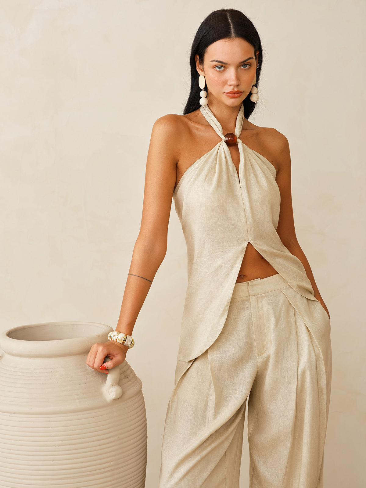 Linen-Blend Halter Top & Pants Set