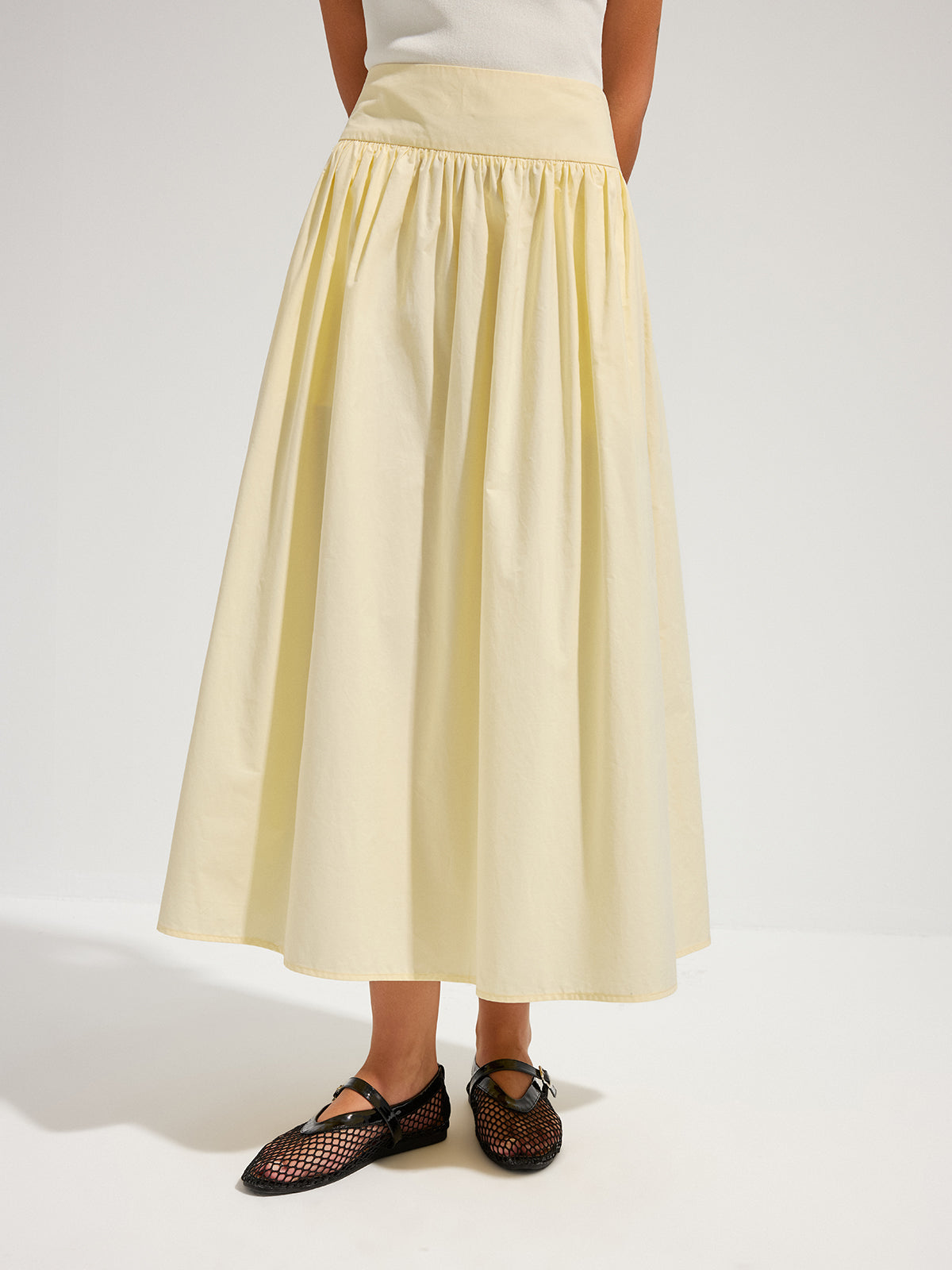 Cotton High Waist Gathered Midi Skirt