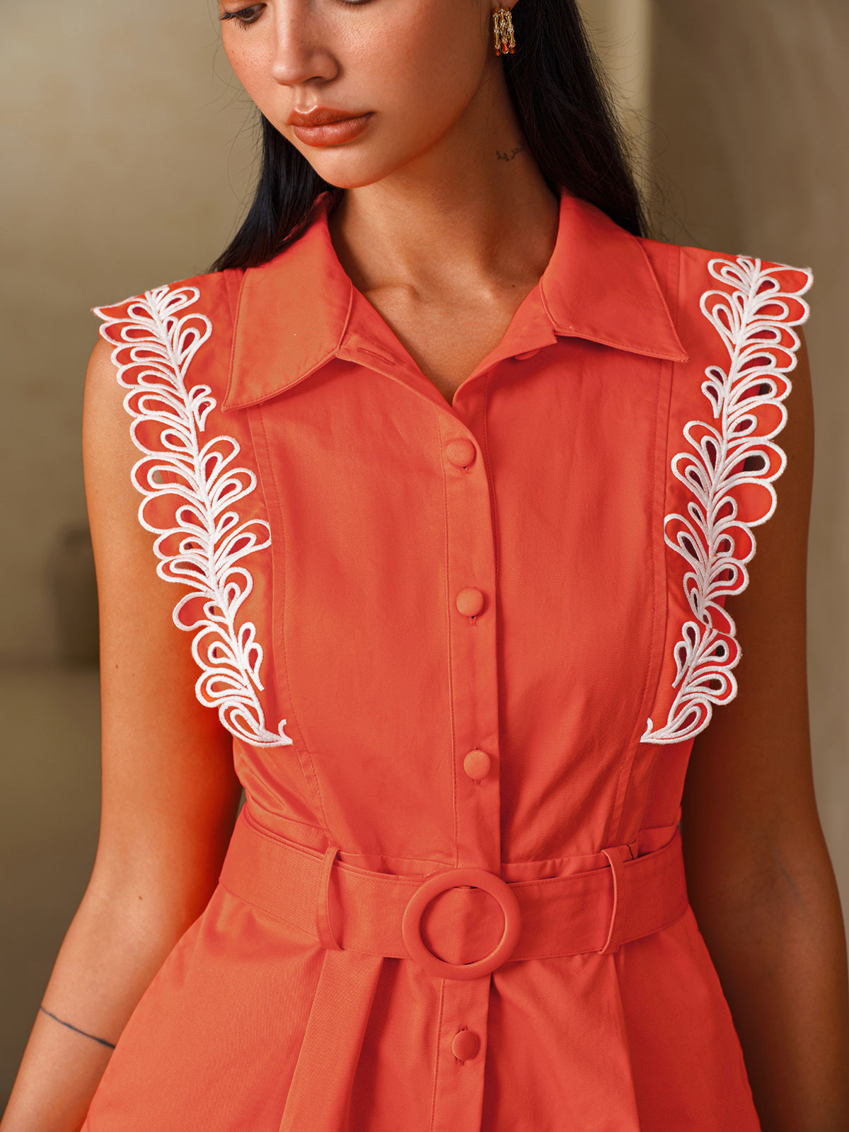Embroidered Trim Belted Sleeveless Romper