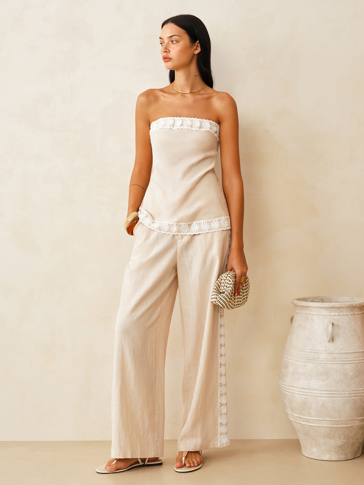 Linen Blend Lace Trim Top & Pants Set