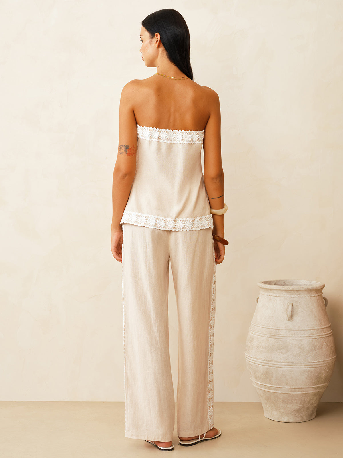 Linen Blend Lace Trim Top & Pants Set