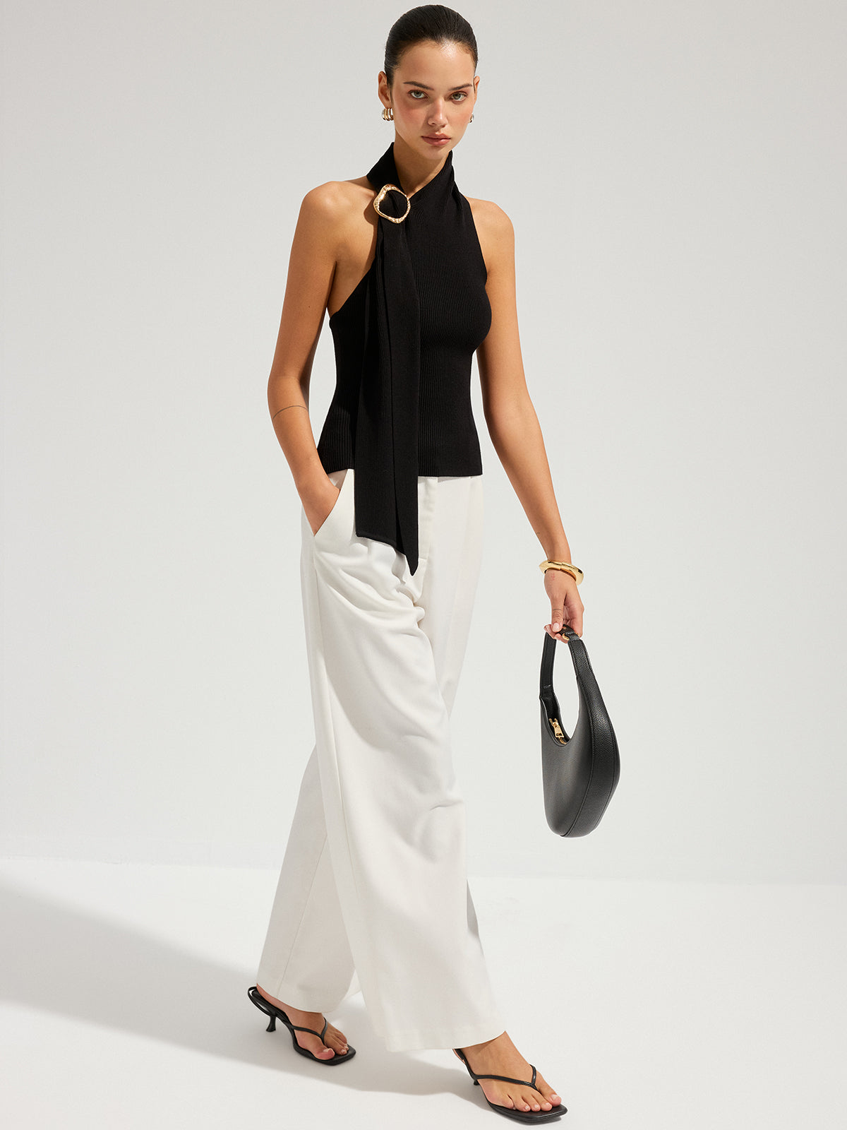 Halter Neck Metal Buckle Knit Top