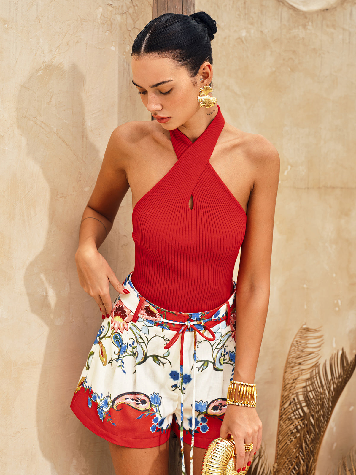 Ribbed Crisscross Halter Neck Knit Top