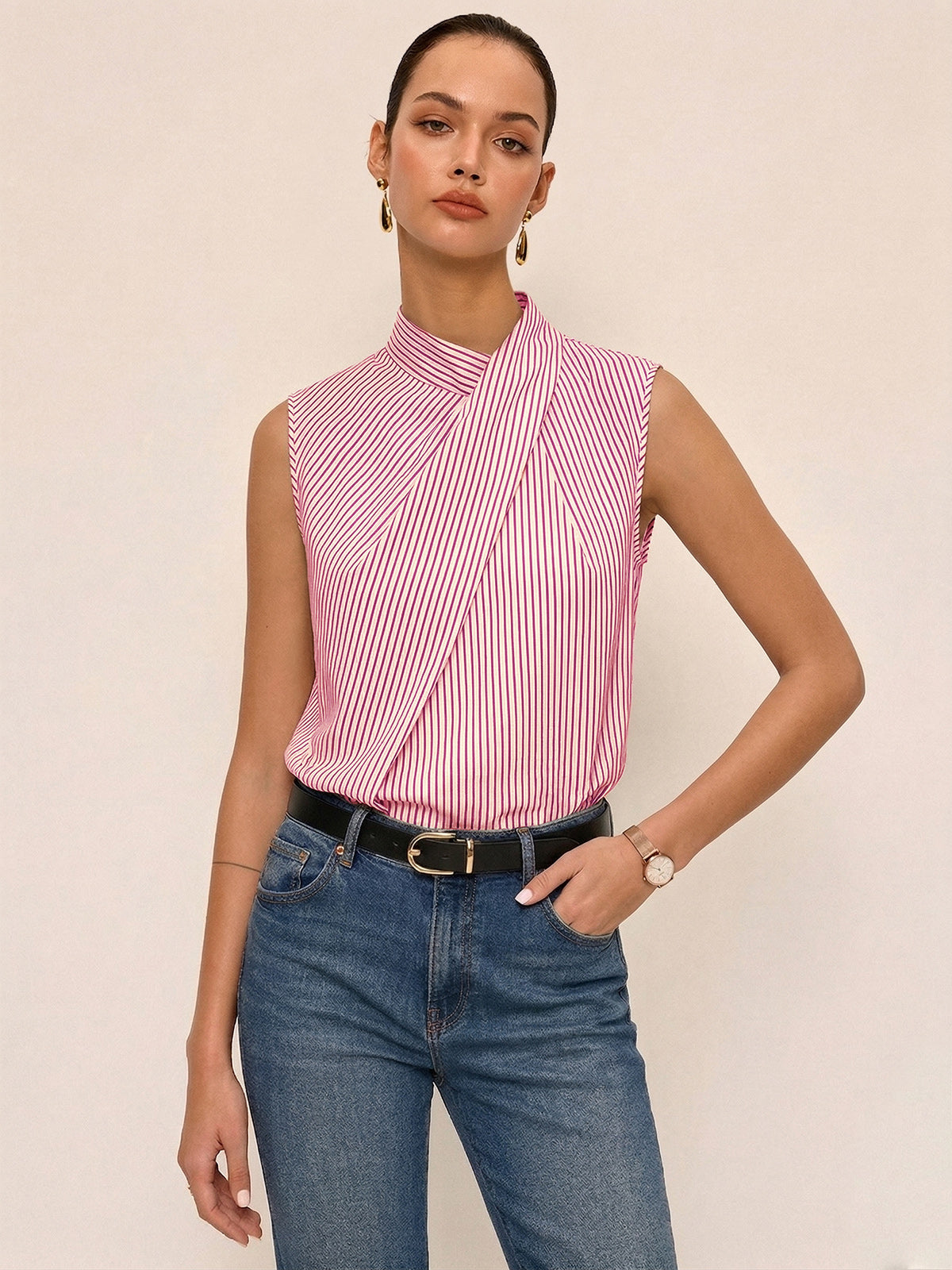 Sleeveless Striped High Neck Blouse