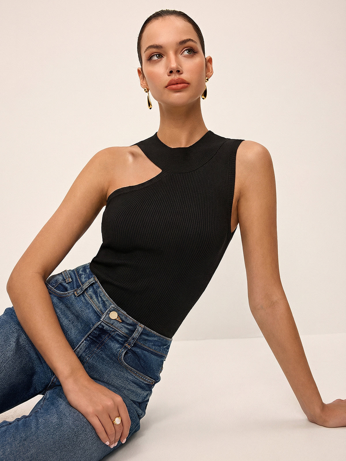 Asymmetrical Cut-Out Ribbed Knit Tank Top
