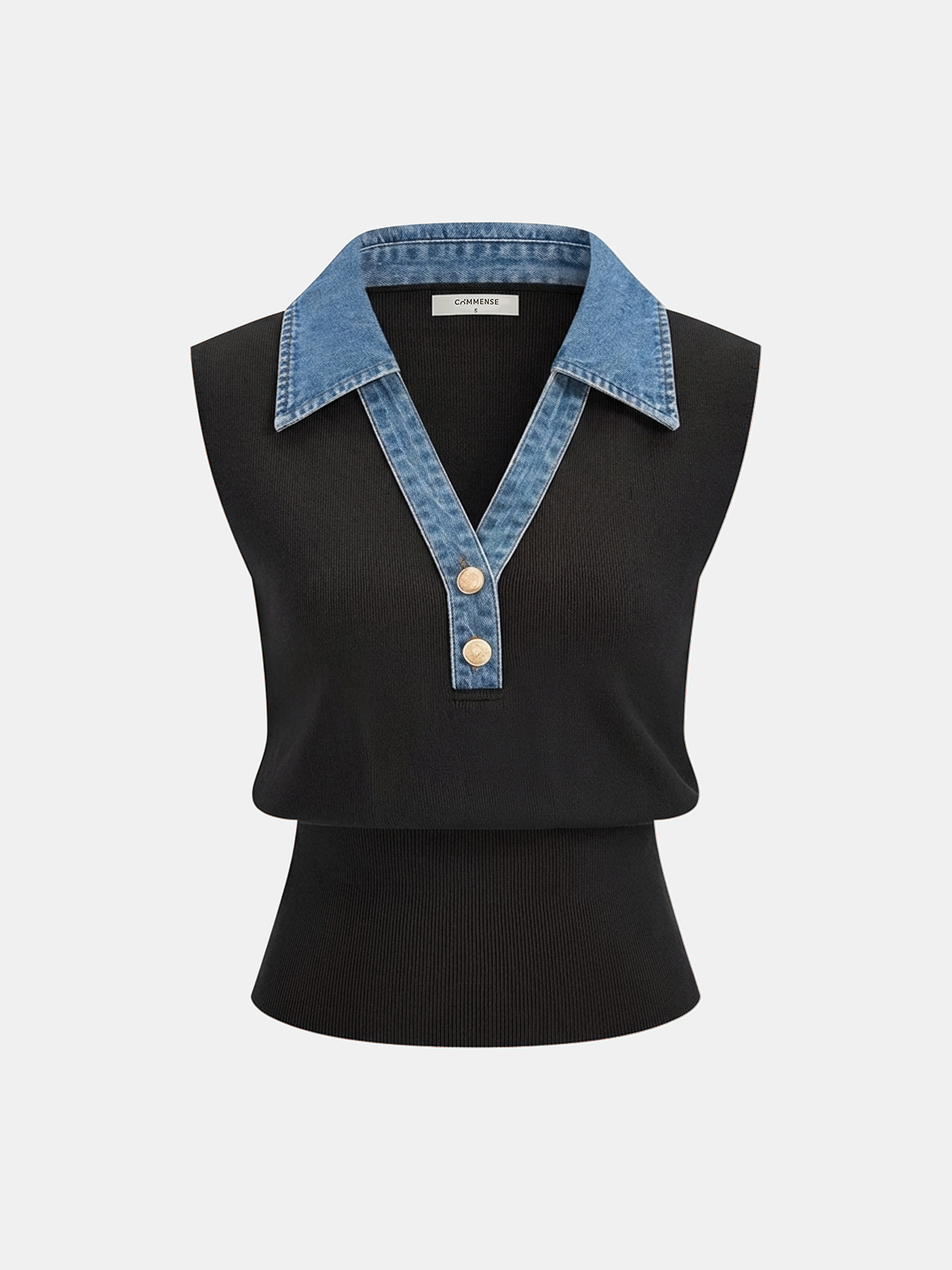 Denim Collar Metal Button Sleeveless Knit Vest