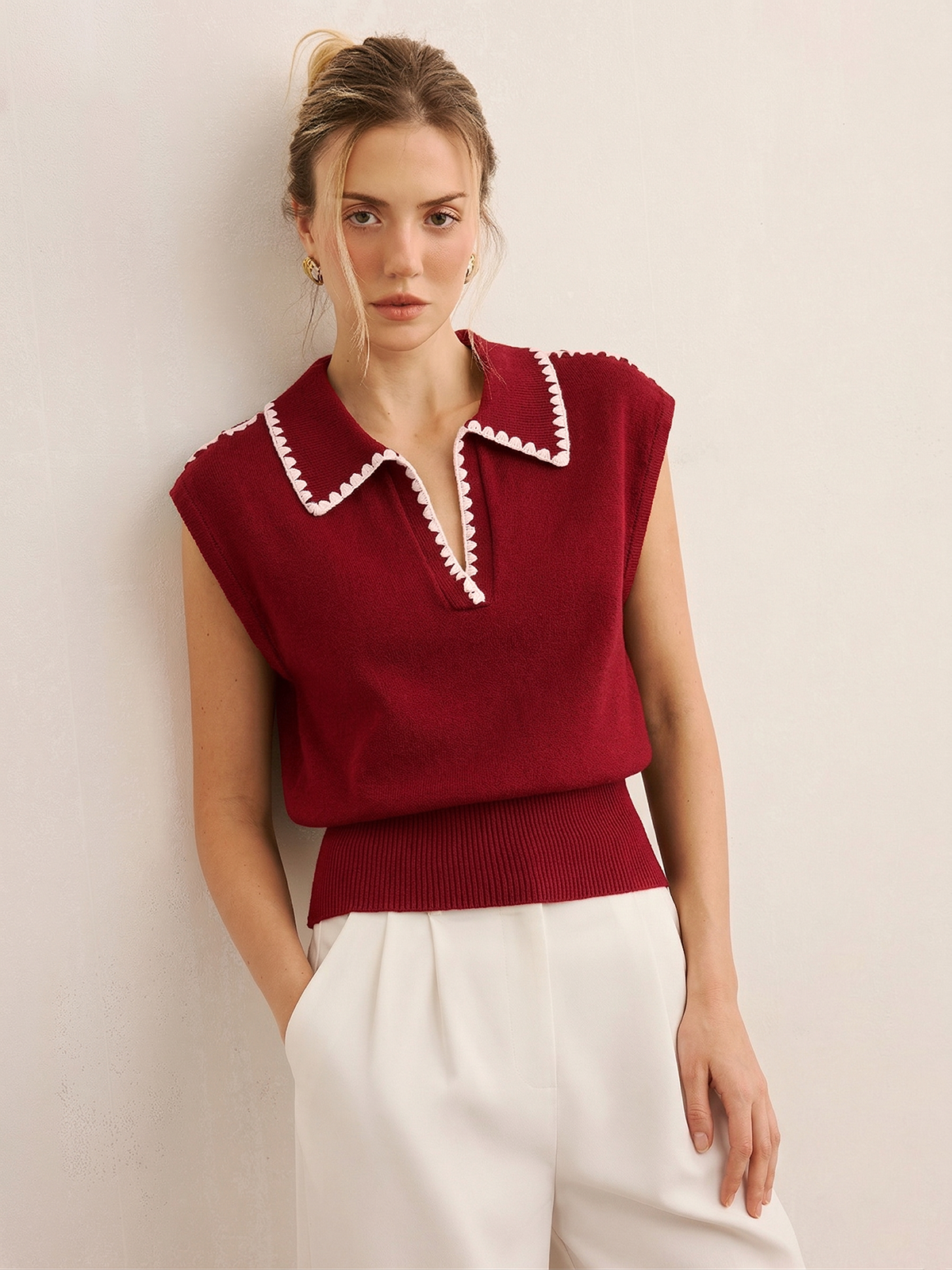 Contrast Trim Sleeveless Knit Polo Vest
