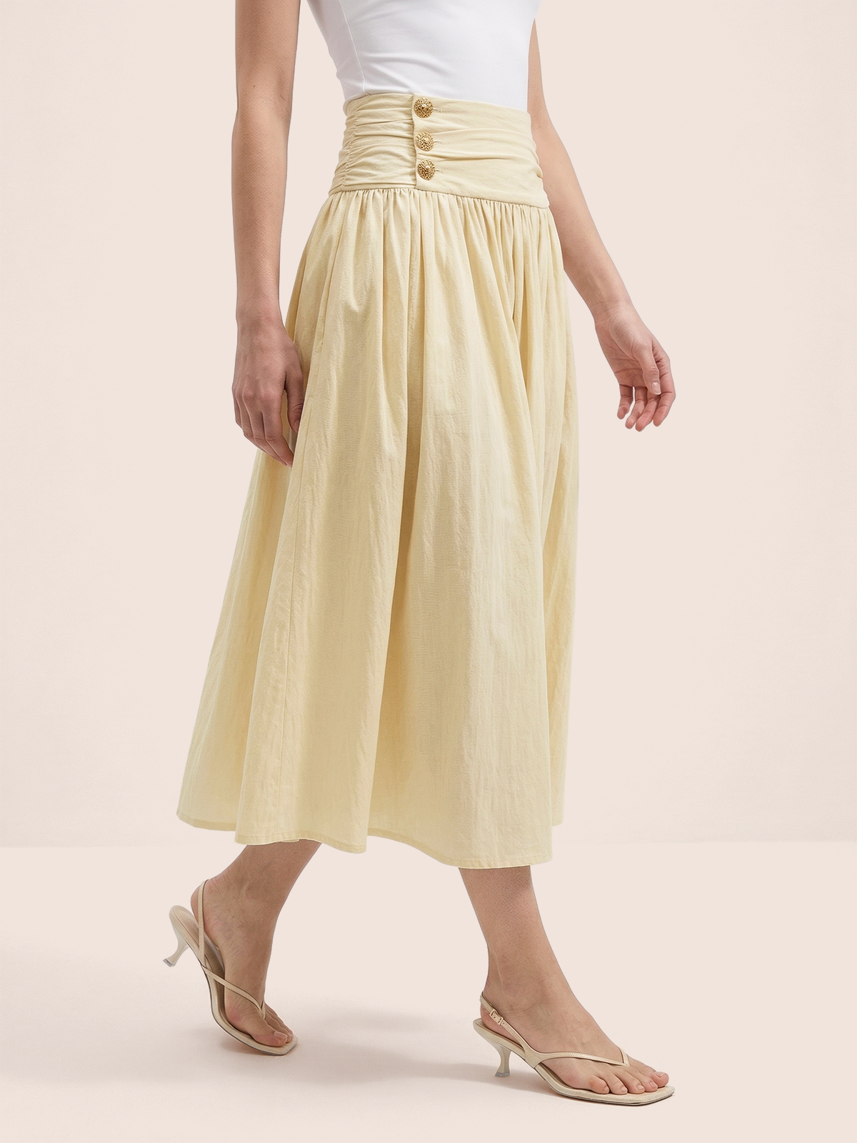 Cotton Blend Ruched Waist Midi Skirt