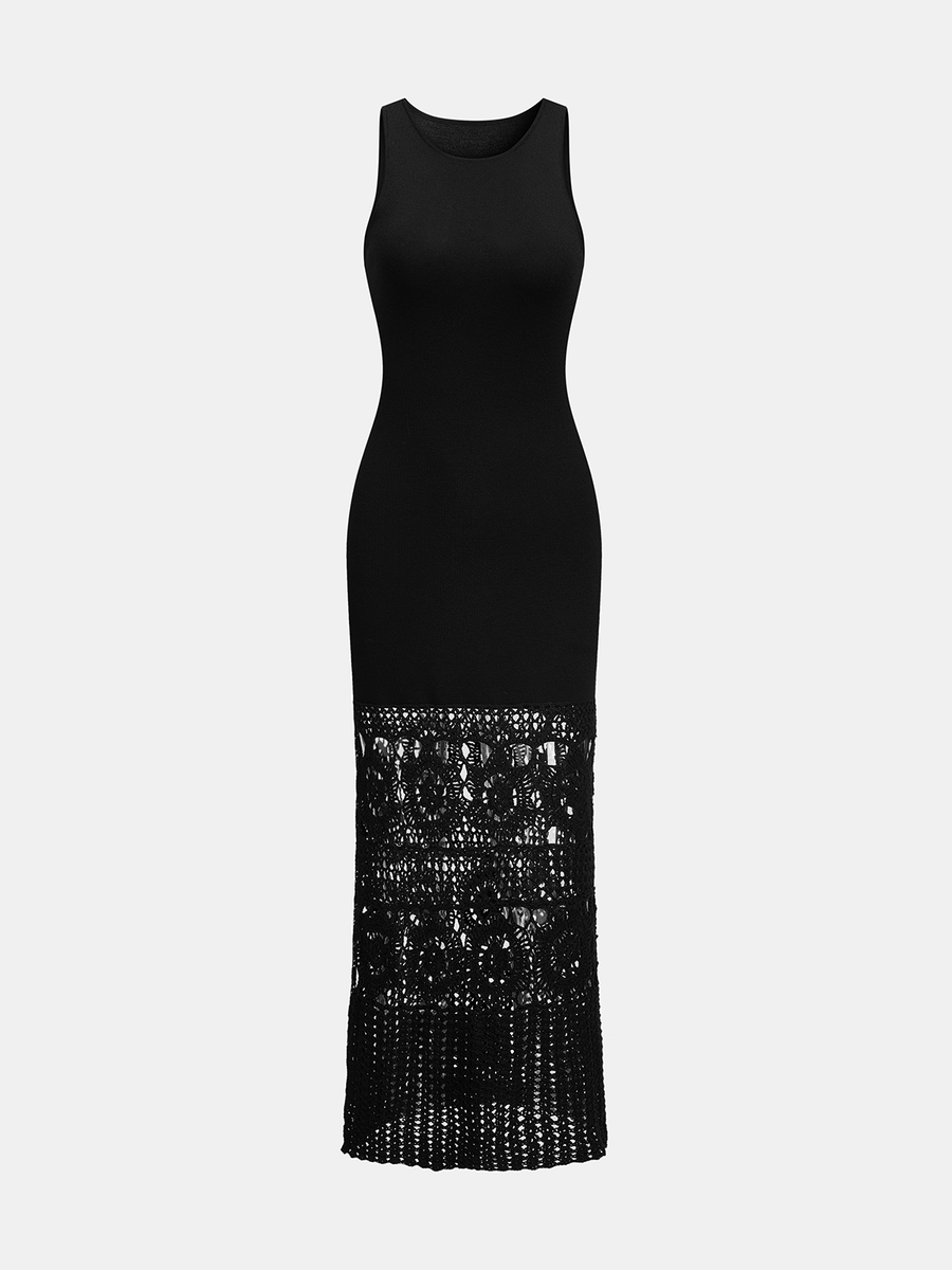Side Slit Crochet Hem Sleeveless Knit Maxi Dress