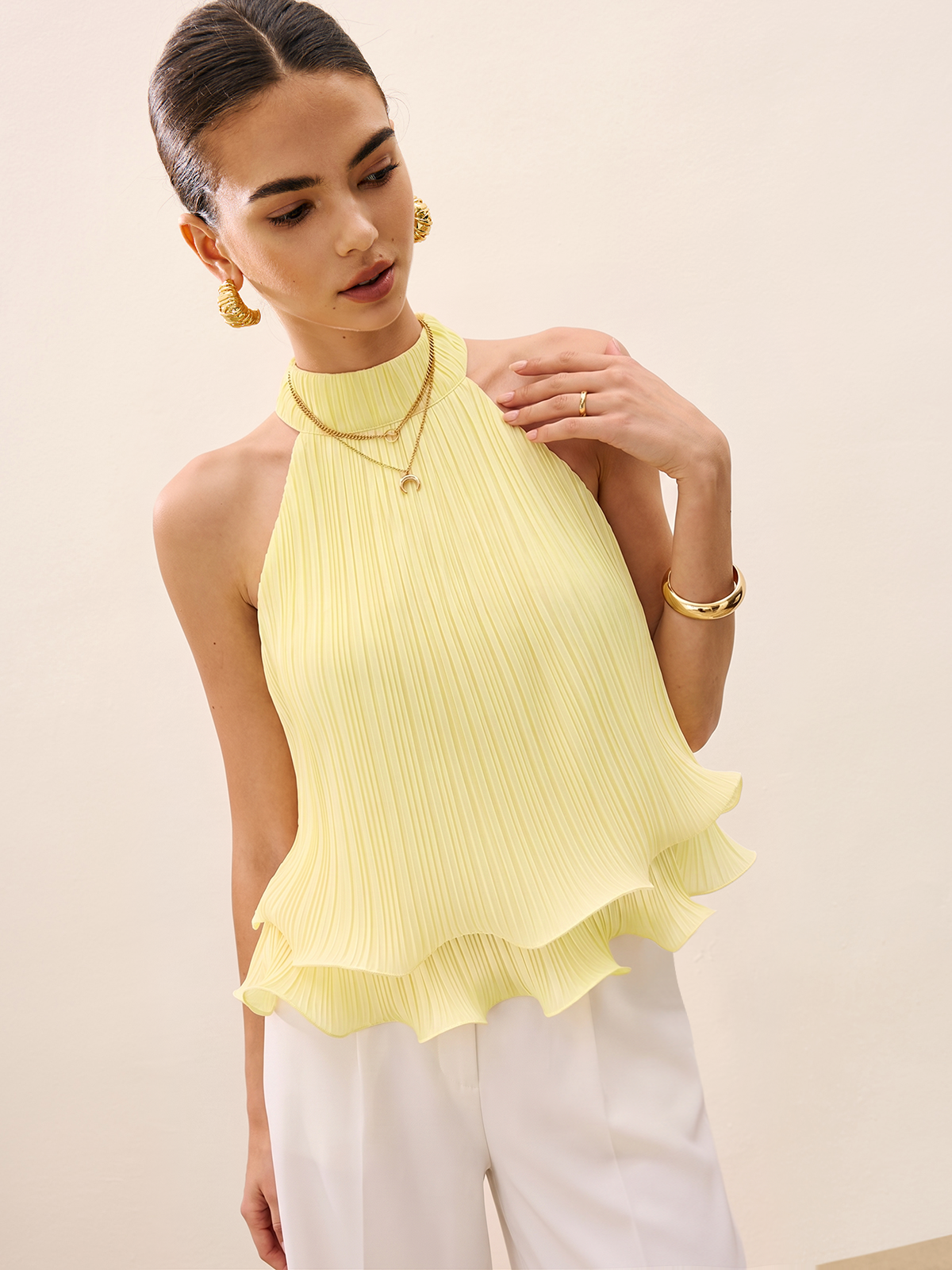 Pleated Layered Ruffle Halter Tank Top