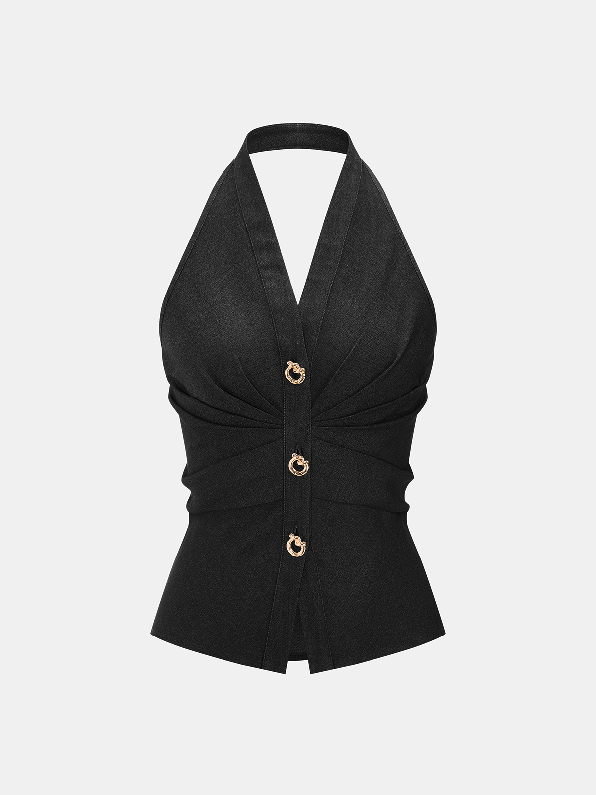 Metal Button Denim Halter Ruched Top