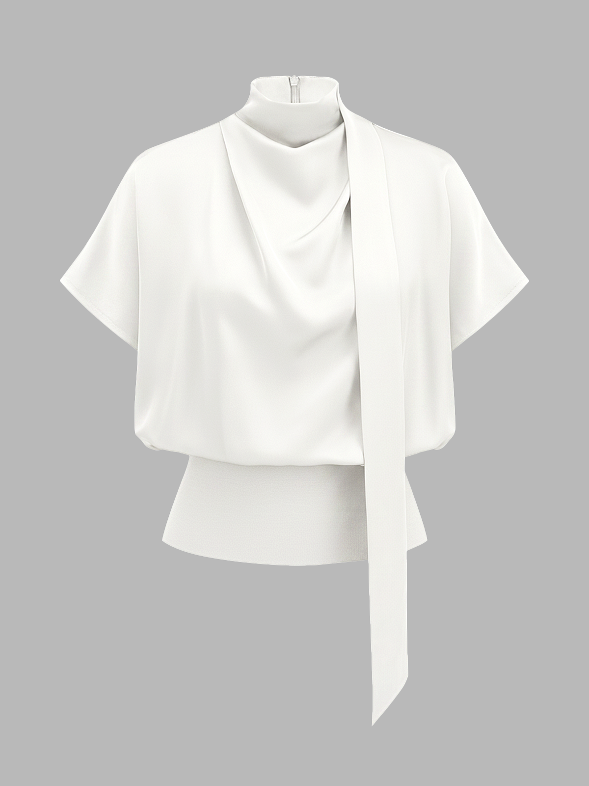 Draped Satin Mock Neck Blouse with Tie