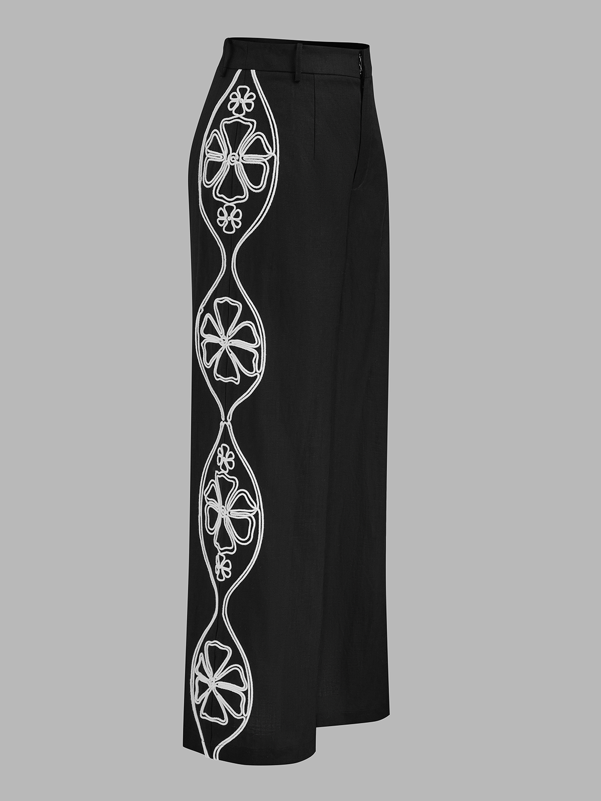 Linen Blend Side Embroidered Wide Leg Pants