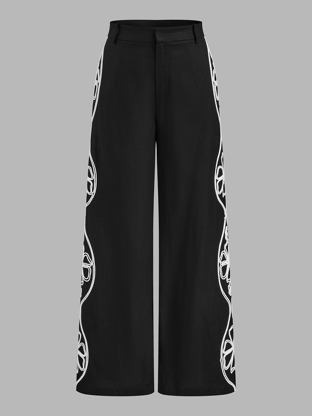 Linen Blend Side Embroidered Wide Leg Pants