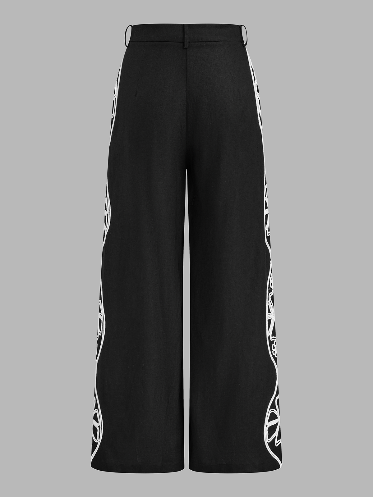 Linen Blend Side Embroidered Wide Leg Pants