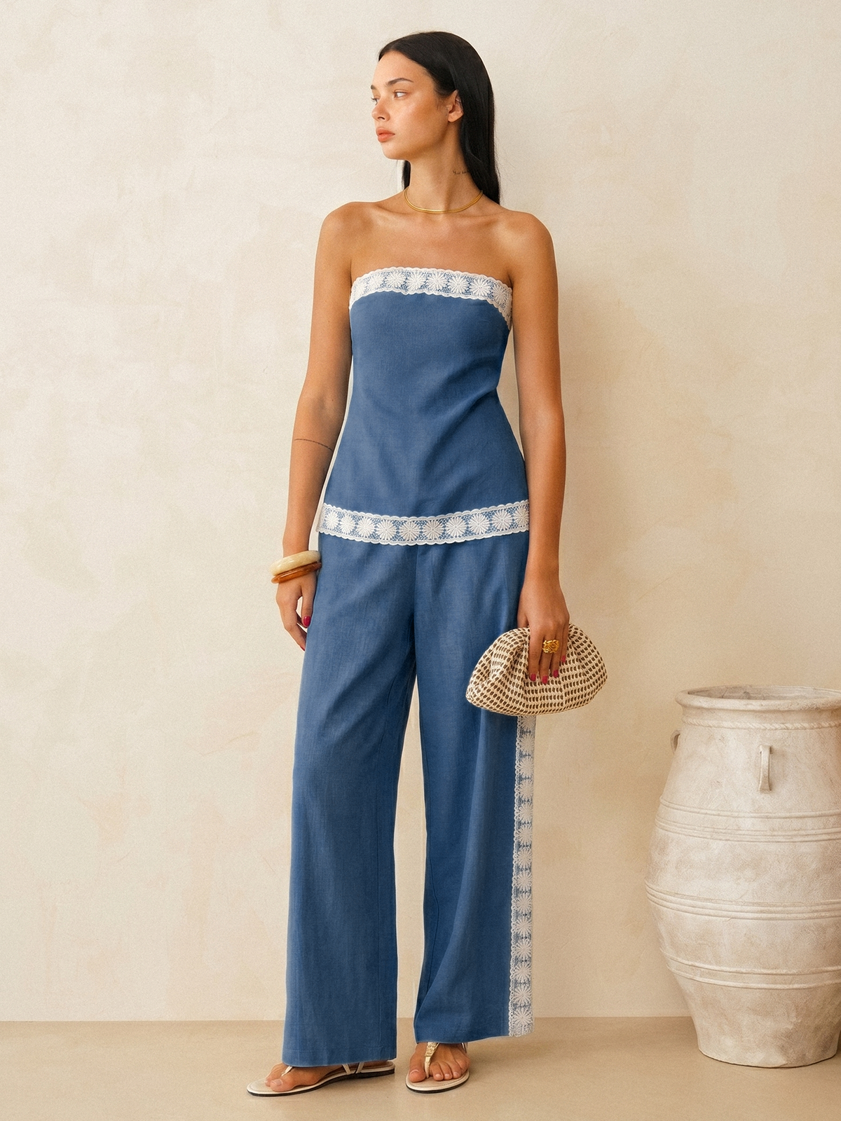 Linen Blend Lace Trim Top & Pants Set
