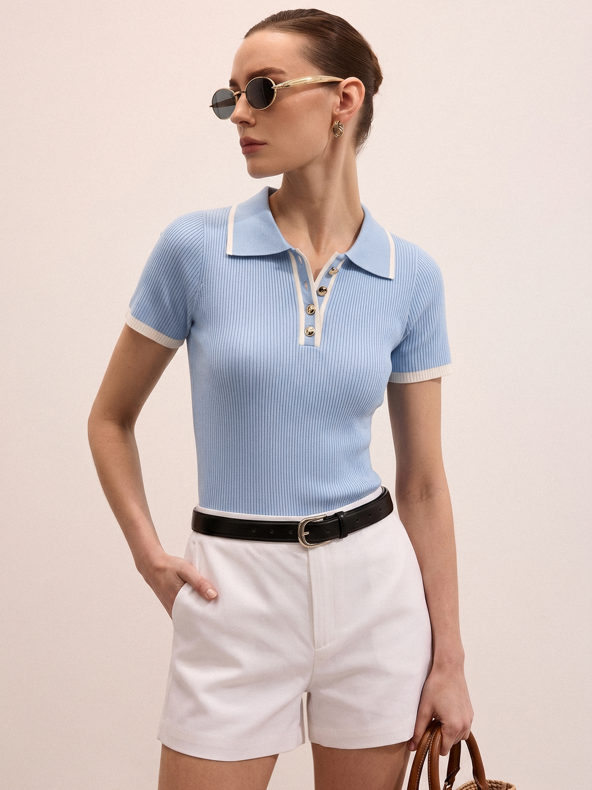 Ribbed Knit Short Sleeve Polo Top
