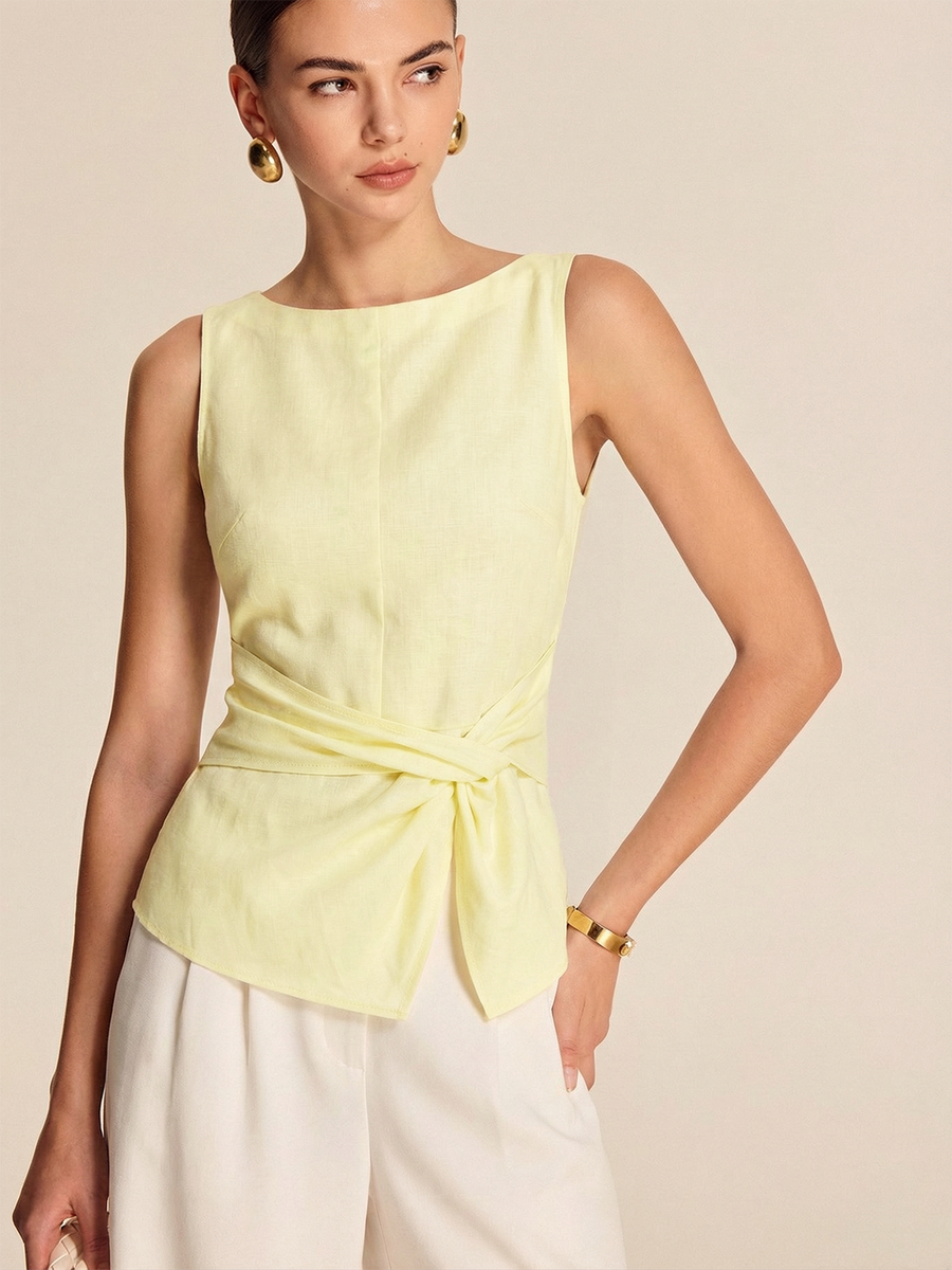 Twisted Waist Linen Blend Sleeveless Blouse