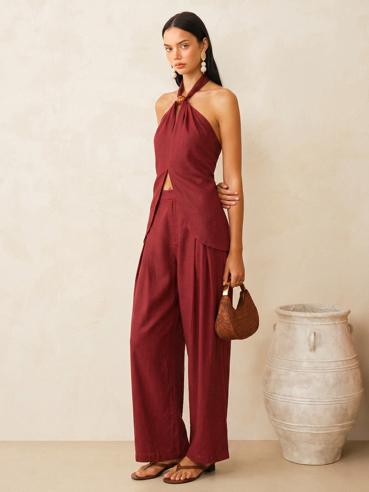 Linen-Blend Halter Top & Pants Set