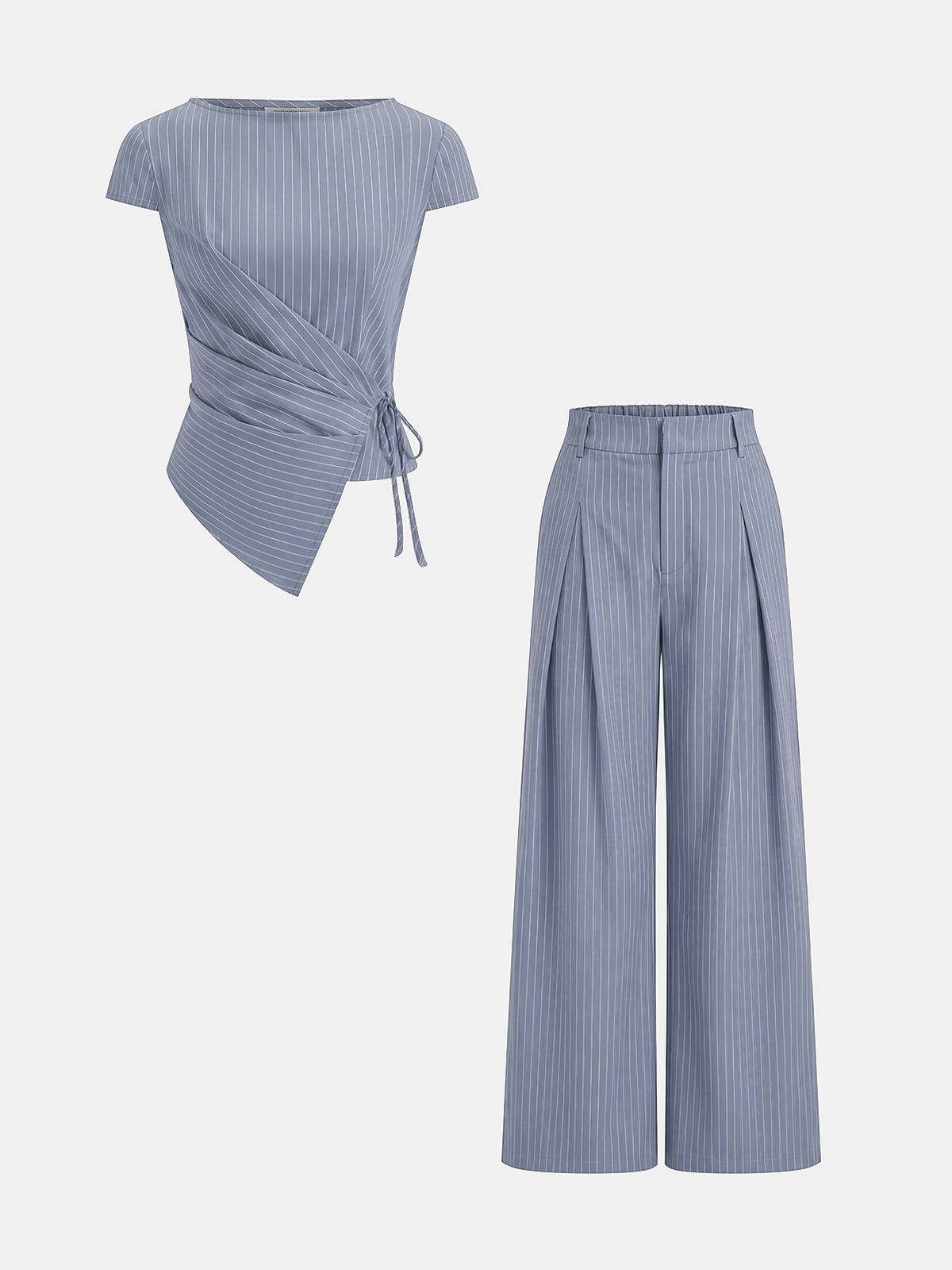 Pinstripe Wrap Tie Top & Wide-Leg Pants Set