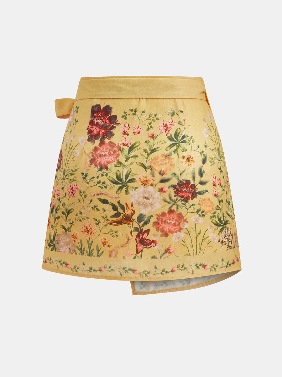 Floral Print Tie Wrap Mini Skirt