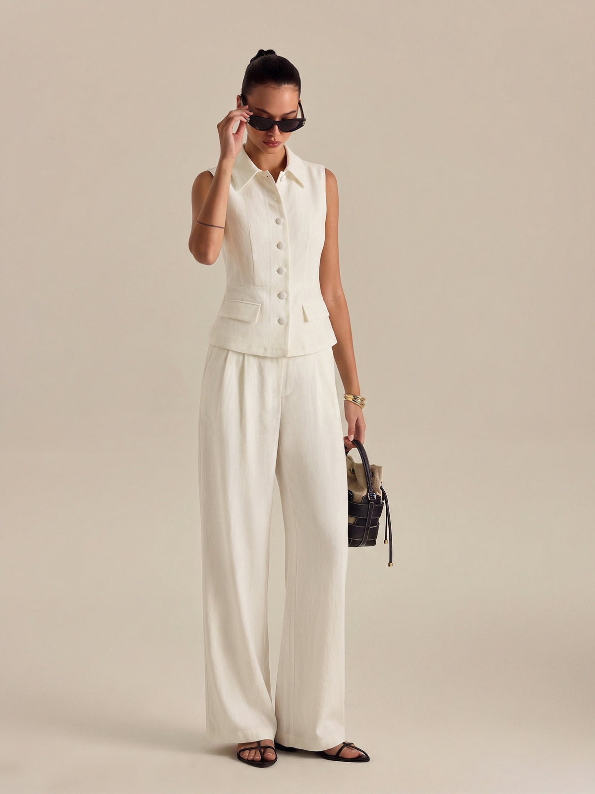 Collared Cotton Linen Vest & Pants Set